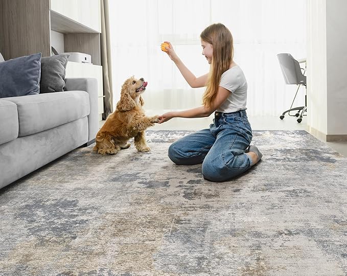 8x10 Area Rug Living Room Rugs - Washable Neutral Modern Abstract Soft Thin Large Rug Indoor Floor No Slip Rug Carpet for Bedroom Under Dining Table Home Office Decor - Blue Grey