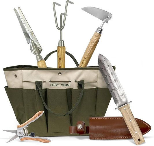 Ferry-Morse Premium All Hand Tools Set, 6Pcs Gardening Tools, Stainless Steel Heavy Duty Hand Cultivator, Hoes, Weeder, Snips, & Hori Hori with Ash Wood Handle, Garden Tool Bag 8 Pockets