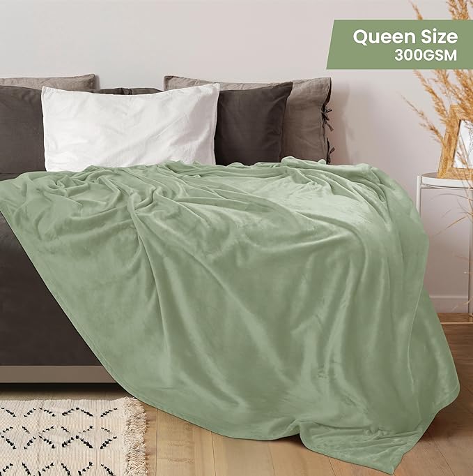 Utopia Bedding Fleece Blanket Queen Size Sage Green 300GSM Luxury Fuzzy Soft Anti-Static Microfiber Bed Blanket (90x90 Inch)
