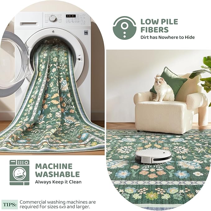 8x10 Area Rug Living Room Rugs - Washable Boho Vintage Floral Large Soft Non Slip Thin Rug Low Pile Carpet for Bedroom Dining Room Kids Playroom Office Decor Indoor- Green