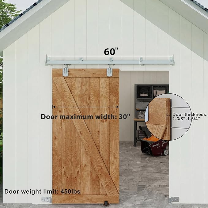 JUBEST 5FT Box Rail Exterior Barn Door Hardware Kit, Heavy-Duty Silver Sliding Barn Door Track System, Wall Mount Door Hardware Kits (Door Not Included)