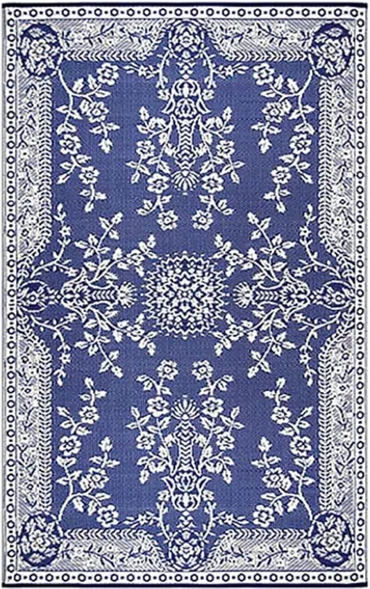 Mad Mats Garland Blue & White Outdoor Rug – Reversible Plastic Mat (8 × 10 ft) – UV‑Resistant, Water‑Repellent & Easy‑Clean – Eco‑Friendly Recycled Patio/Deck Carpet