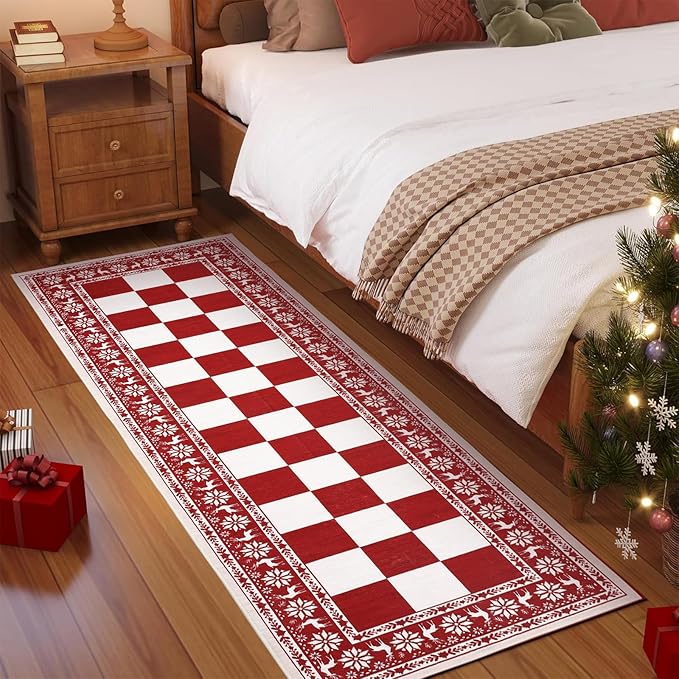 GarveeHome Red 2x6 Runner Rug, Washable Rug for Christmas Decor, Indoor Non Slip Carpet, Checkered Soft Low Pile Christmas Rugs for Kitchen, Entryway, Living Room, Bedroom