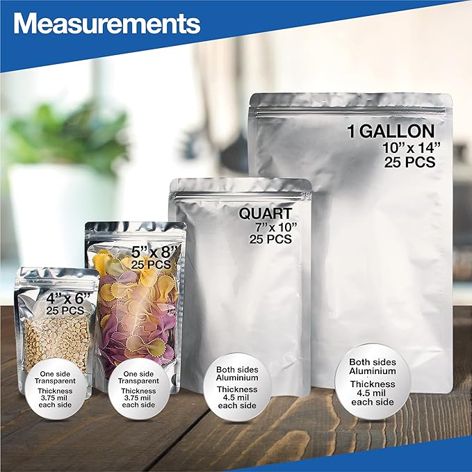 BELLE KR® 100 Pcs Assorted Mylar Bags for Food Storage With Oxygen Absorber 500cc - Large Mylar bags 1 Gallon (10x14), 7x10 & 5x8, 4x6 with 1 Side Clear - (25 Pcs Each) with 100 Labels