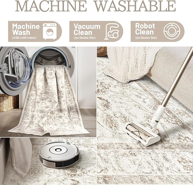 Madane Washable 6x9 Area Rugs for Living Room, Vintage Natural Rug with Non-Slip Backing, Soft Stain Resistant Throw Rugs Thin Carpet for Bedroom Dining Room Farmhouse (6 x 9, Brown/Ivory)