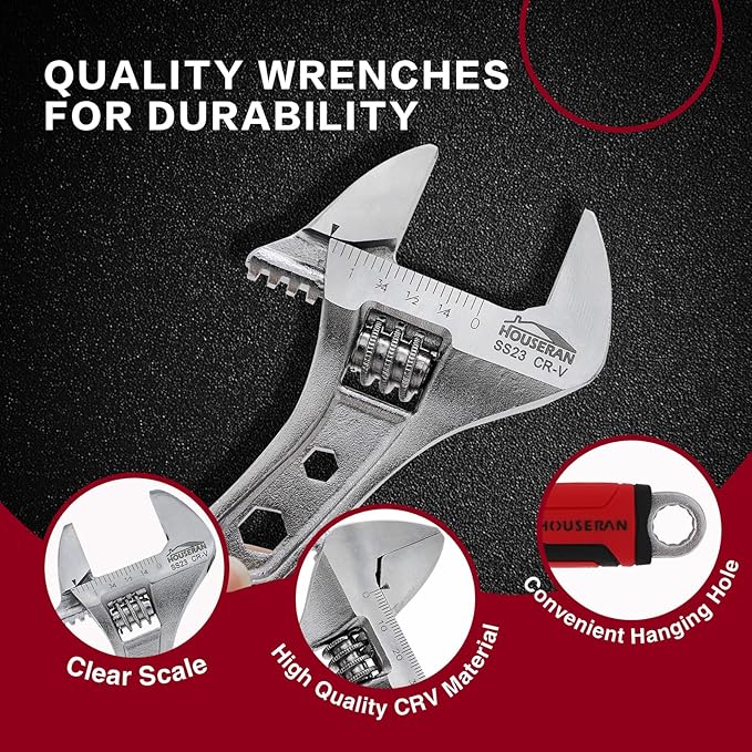 3-piece Adjustable Wrench Set, 6, 8, 10 Inch, Wide Jaw Adjustable Wrench Set with Metric & SAE Scales, Cr-V Steel Wrenchs with Tool Box