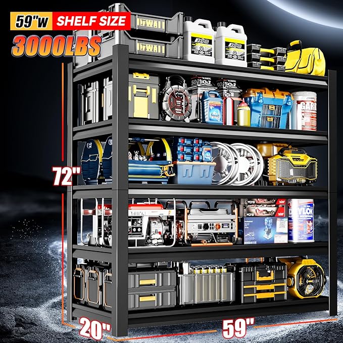 59" W Garage Shelving,5-Tier Heavy Duty Shelving Unit,3000LBS Adjustable Metal Storage Shelves,Storage Rack Units for Industrie,Shed,Warehouse,Basement,Black,59" W x 20" D x 72" H