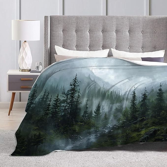 Forest Blanket Misty Mountain Tree Throw Blanket Cozy Plush Fleece Flannel Green Nature Blankets Landscape Party Gifts for Girls Boys Women Men 60"X50"