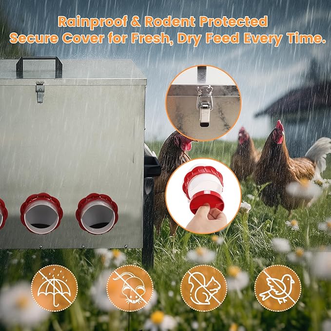 30LB Automatic Chicken Feeder with Cover – Large Capacity Metal Chicken Coop Feeder with 6 Feed Ports, Adjustable Legs Rainproof No Waste Outdoor Poultry Feeder for Hens & Free Range Flocks