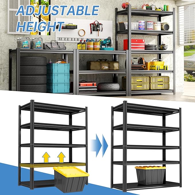 63''Storage Shelves, Garage Metal Shelving Unit, Adjustable, Double-Layer Column with Reinforced Ribs, Heavy-Duty, Capable of Bearing 3000 lbs, Suitable for Garage, Warehouse, Kitchen Storage