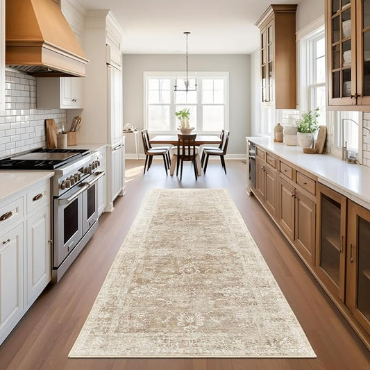 Madane Rug Runner for Hallways 2'6''x8, Washable Kitchen Runner Rugs with Non Slip Backing, Soft Floral Print Carpet Runners for Laundry Room, Bedroom, Beige/Brown