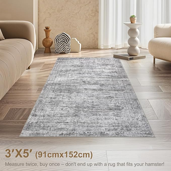 3x5 Area Rug Living Room Rugs - Washable Neutral Modern Abstract Soft Thin Rug Indoor Floor No Slip Rug Carpet for Bedroom Under Dining Table Home Office Decor - Light Gray