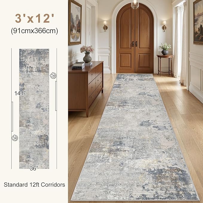 3X12 Washable Runner Rug for Hallway: Soft Neutral Modern Abstract Area Rug - Non-Slip Low Pile Long Throw Indoor Carpet for Kitchen Entryway Kitchen Bedroom Laundry - Blue Grey