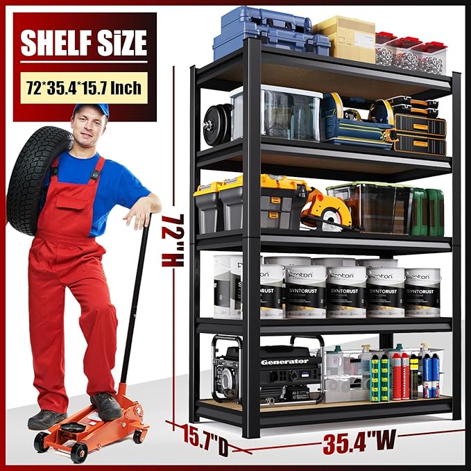 72''H Garage Shelving Heavy Duty 5-Tier Adjustable Storage Shelves Unit,2020 LBS Metal Wood Utility Rack Shelf for Industries, Warehouses, Basement,Black (72'H x 36''W x 16.1''D)