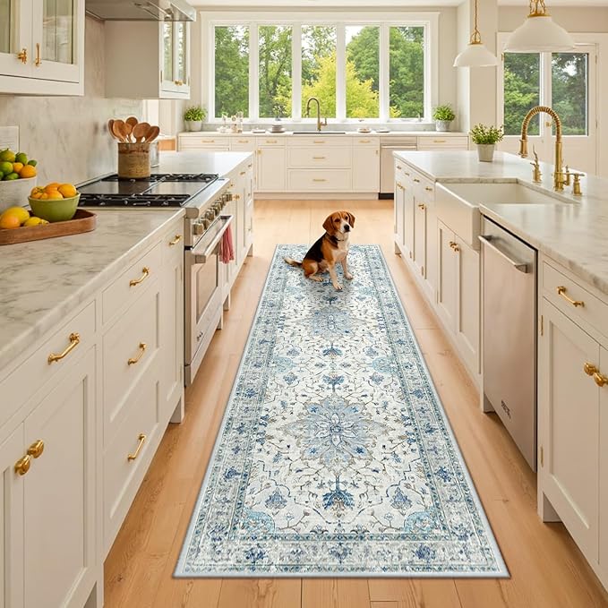 Area Rugs 2'6''x8' Washable Non-Slip, Floral Vintage Distress Print Pattern Medallion Carpet for Living Room Bedroom Dining Room, Light Blue Navy Beige Gray White