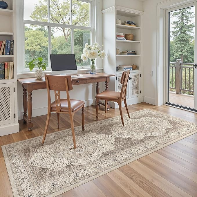 Washable Rug 3x8 Area Rugs for Entryway Bedroom Dining Room Home Office Floor Decor -Stain & Fade Resistant Non Slip Backing Carpet,Ultra-Thin Vintage Large Carpets (Brown/Beige)