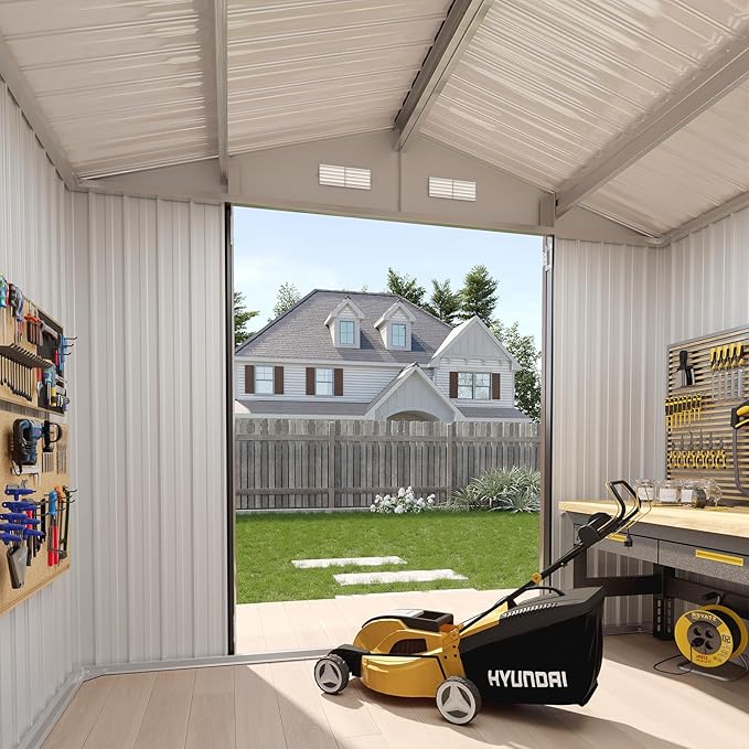 Aoxun 8x6 FT Outdoor Storage Shed Garden Metal Shed with Lockable Door Outdoor Large Shed for Tool, Garbage Can, Bike, Mower, Brown