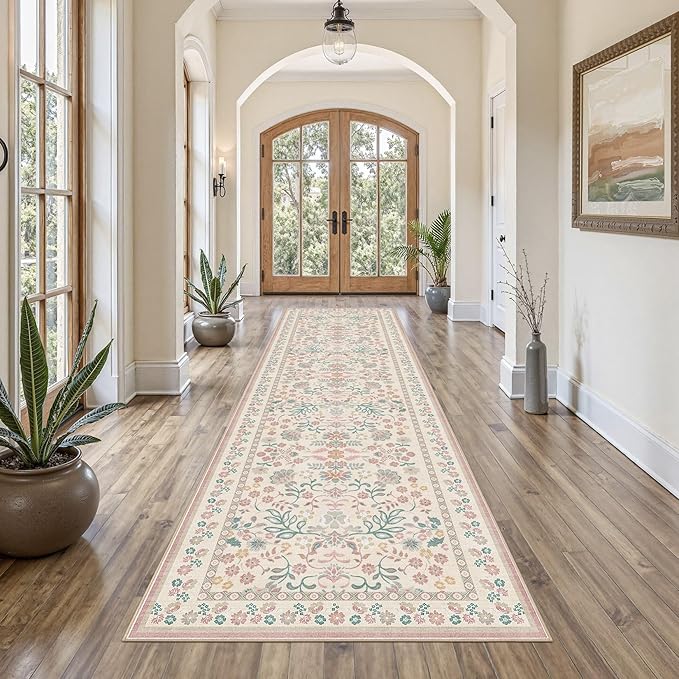 3x10 Runner Rug for Hallways Kitchen: 3x10 Washable Area Rug Boho Floral Soft Long Rug - Non-Slip Low Pile Throw Indoor Carpet for Entryway Kitchen Bedroom Laundry Bathroom- Pink