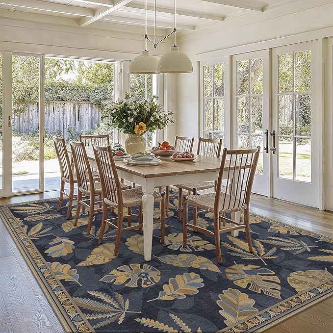 GENIMO 5x7 Area Rugs for Living Room, Machine Washable Non Slip Rugs, Low Pile Lightweight Print Rug for Bedroom, Dining Room, Home Office, Leafy Twilight