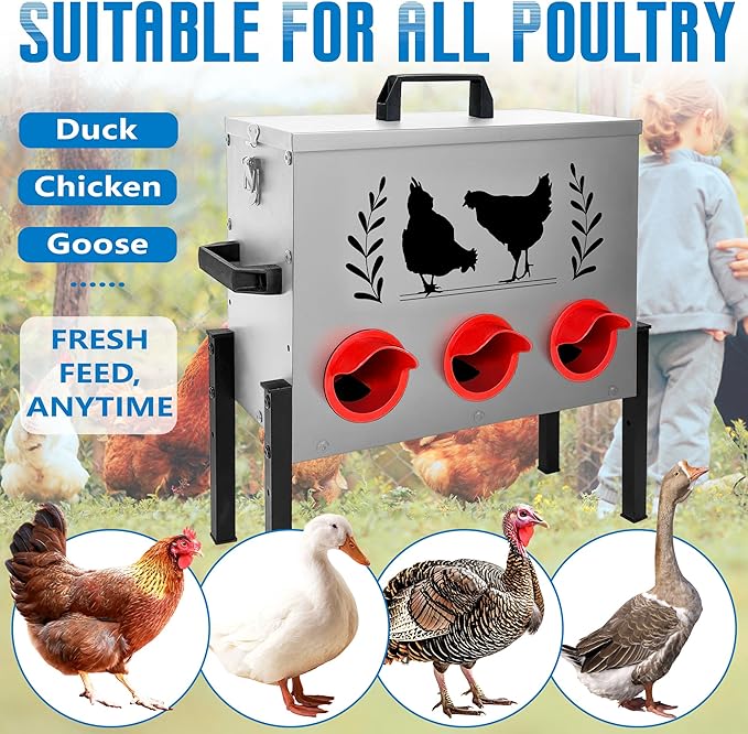 Chicken Feeders, 30 lb Capacity 6 Port Automatic Chicken Feeder, Metal Chick Feeder with Locking Lid and Legs, Chicken Feeder for Chickens, Ducks, Geese，Silver