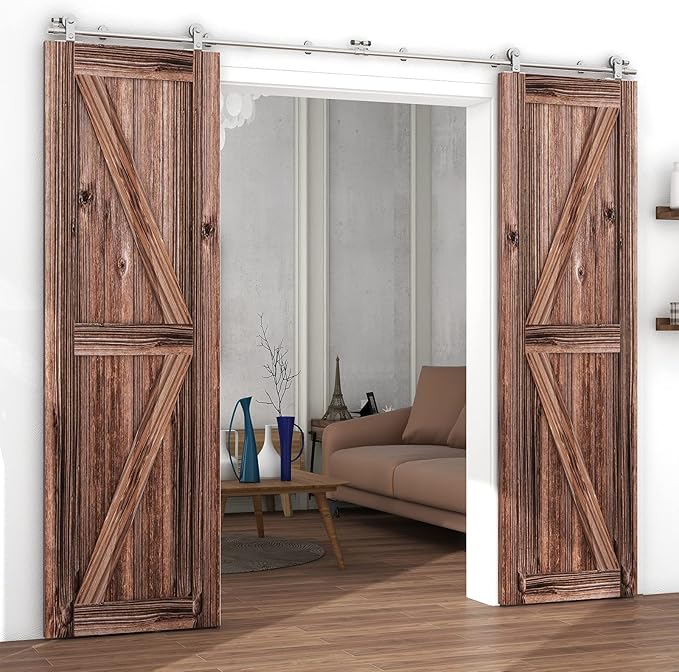 TSMST 8FT Sliding Barn Door Hardware Kit, Top Mount Stainless Steel Heavy Duty Sturdy Barn Door Track for Double Wood Door, Slide Smoothly Quietly (T Style)