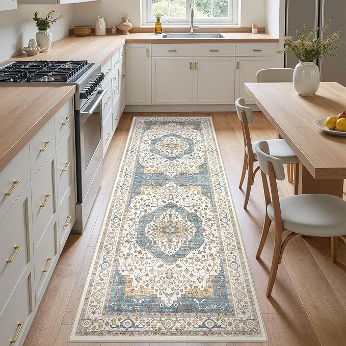 Area Rug for Living Room - 3x8 Soft Washable Oriental Vintage Floral Distressed Large Carpet - Fade Stain Resistant Non Slip Rugs for Bedroom Dining Room Nursery Dorm Office Home Decor - Blue/Beige