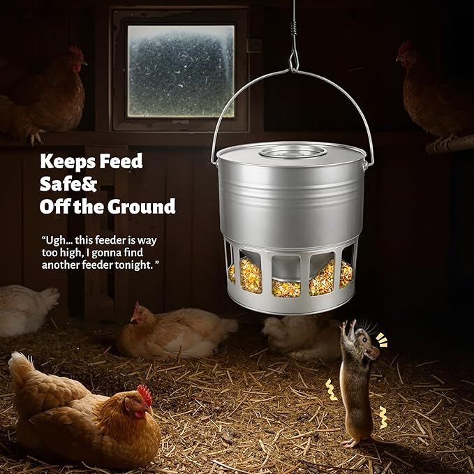 KOL Hanging Chicken Feeder – 20lbs Metal Chicken Feeder, Adjustable Poultry Feeder with 12 Ports, No Installation & Universal Height Design (Silver)