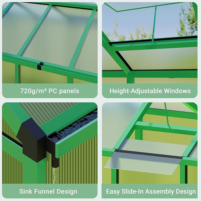 6x10 FT Greenhouse, Easy Assembly Aluminum Polycarbonate Greenhouses for Outdoors with Roof Vent, Large Aluminum Walk-in Greenhouse for Sunroom Patio, Backyard, Garden, Sliding Lockable Door, Green