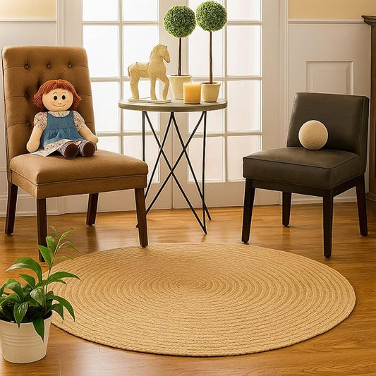 Handwoven Jute Braided Round Rug – 5 Feet | Natural, Reversible, Stain-Resistant | Farmhouse Boho Area Rug for Living Room, Entryway, Bedroom