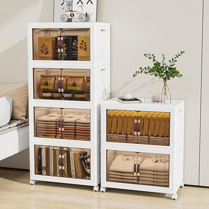 Storage Bins with 2 Lids and Wheels, Collapsible Bathroom Storage Cabinet with Clear Doors, Plastic Stackable Closet Organizers and Storage Containers White 270 QT