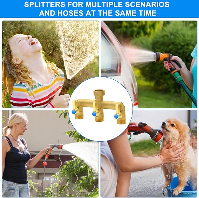 Garden Hose Splitter Full Flow, 3 Way Heavy Duty Outdoor Brass Hose Splitter with Metal Shutoff Valve and Long Handle Outdoor Faucet Diverter, 3/4" GHT Threads，Water Flow Increase