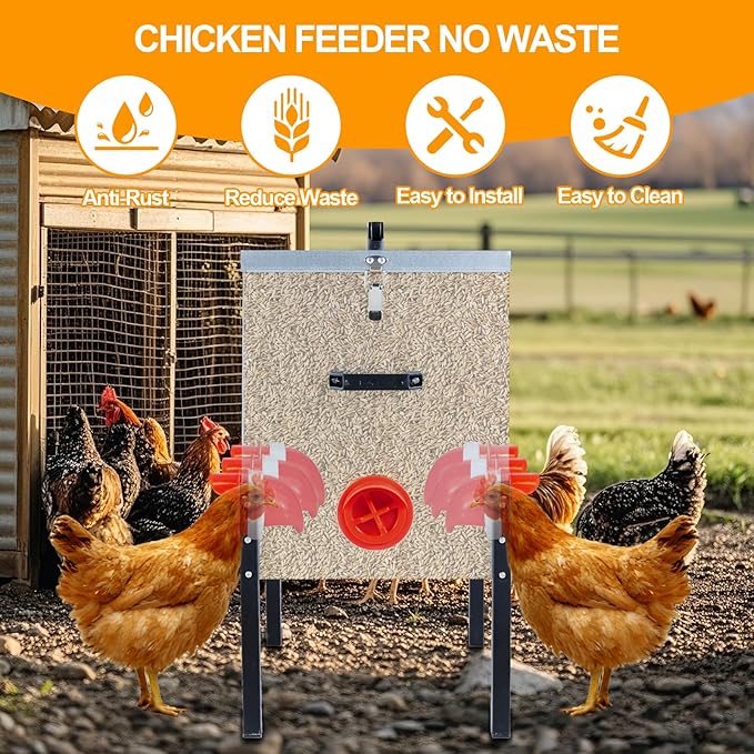 Automatic Chicken Feeder Box 50 lbs, 8 Feeding Ports, No Waste Poultry Feeder with Locking Lid and Adjustable Legs for Chickens, Ducks, Geese Galvanized Metal (50 Lbs-8 Ports)