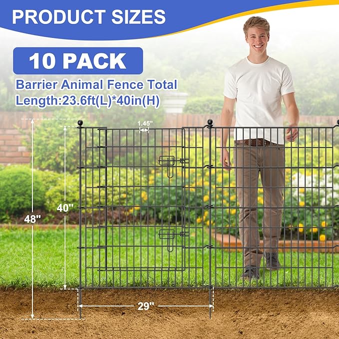 10 Panels No Dig Decorative Garden Fence with Gate, 40 in(H) X 23.6 ft(L) Outdoor Dog Rabbits Fence, Animal Barrier Pet Fencing Rustproof Metal Wire Panel Border for Yard, Patio, Flower Bed
