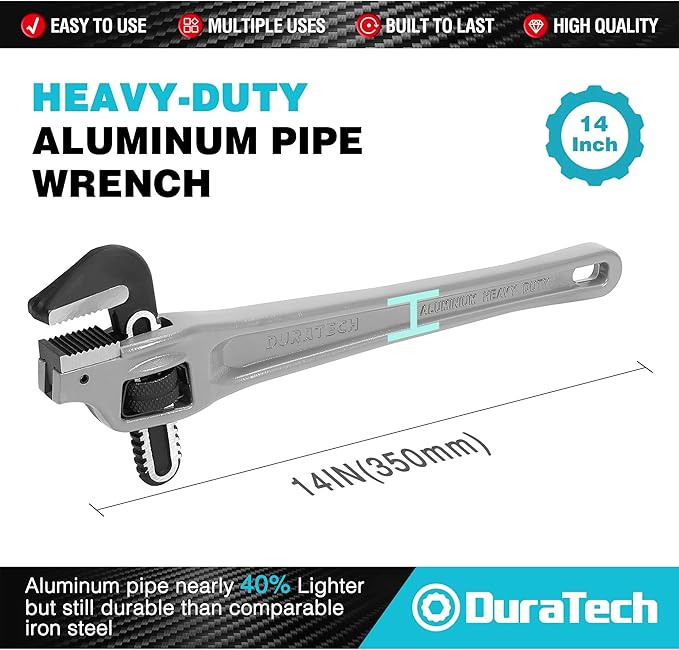 DURATECH 14-inch Heavy Duty Aluminum Offset Pipe Wrench, 2" Jaw Capacity, Adjustable Plumbing Wrench, Drop Forged, Exceed GGG standard