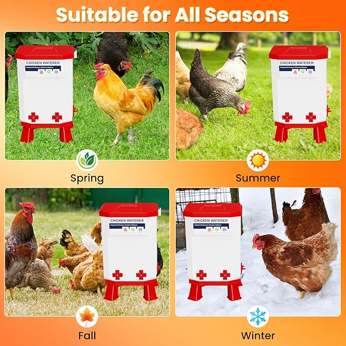 Nexum 2-Gallon Heated Chicken Waterer – All-Season Poultry Drinker with 4 Nipples and Stand, Keeps Clean & Unfrozen, Easy-Fill, Low Maintenance for Chickens, Ducks & Quail (Red, 7L)