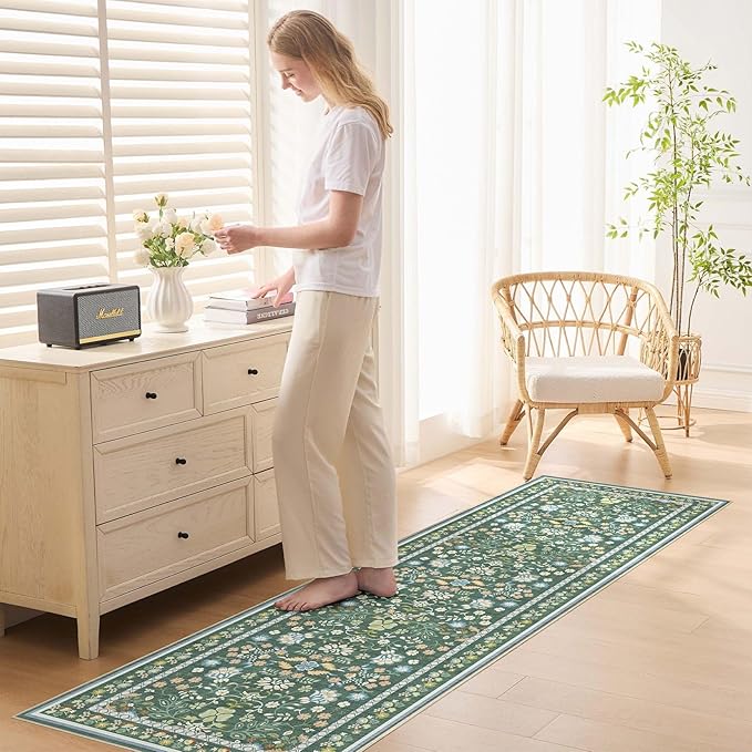 Runner Rug for Hallways Kitchen: 2x6 Washable Area Rug Boho Floral Soft Long Rug - Non-Slip Low Pile Throw Indoor Carpet for Entryway Kitchen Bedroom Laundry Bathroom - Green