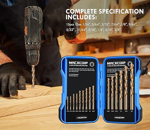 Cobalt Drill Bit Set, 15Pcs M35 High Speed Steel Jobber Length Drill Bit Kit for Hardened Metal, Stainless Steel, Cast Iron, Wood and Plastic, with Index Storage Case, 1/16"-3/8"