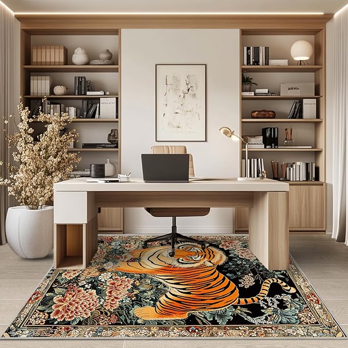 6x9 Tiger Area Rugs Boho Tiger Rug for Living Room Indoor Soft Non-Slip Thin Large Carpet Vintage Rugs for Bedroom Home Decor Under Table Washable Machine