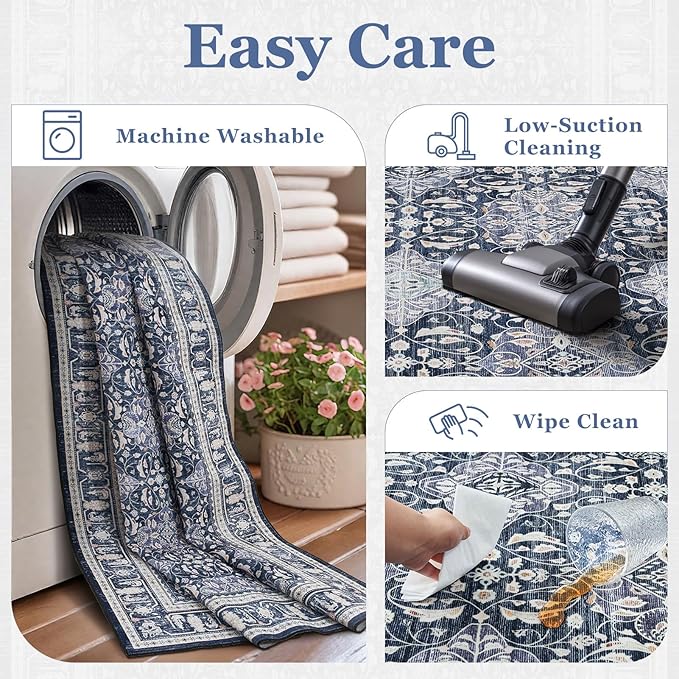 Dark Blue 2x6 Runner Rug for Hallways, Boho Floral Moroccan Trellis Printed Kitchen Bathroom Runner 6ft, Non Slip Washable Low Pile Thin Carpet Runner for Mudroom/Laundry Room/Bedroom Bedside