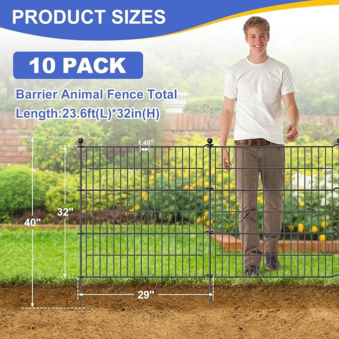 10 Panels No Dig Garden Fence Outdoor for Yard, 32 in(H) X 23.6 ft(L) Animal Barrier Pet Fencing Rustproof Decorative Metal Wire Panel Border for Dog, Rabbits, and Patio Temporary Ground Stakes