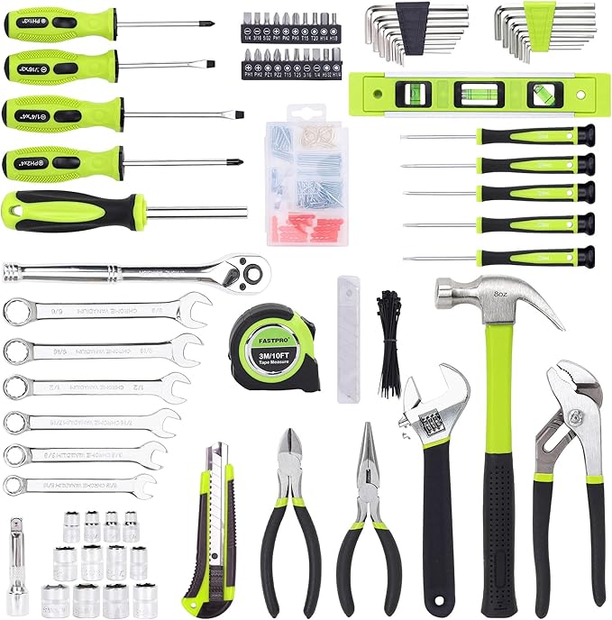 FASTPRO 236-Piece Home Repairing Tool Set, Mechanics Hand Tool Kit with 12-Inch Wide Mouth Open Storage Bag, Household Tool Set for DIY, Home Maintenance, Green