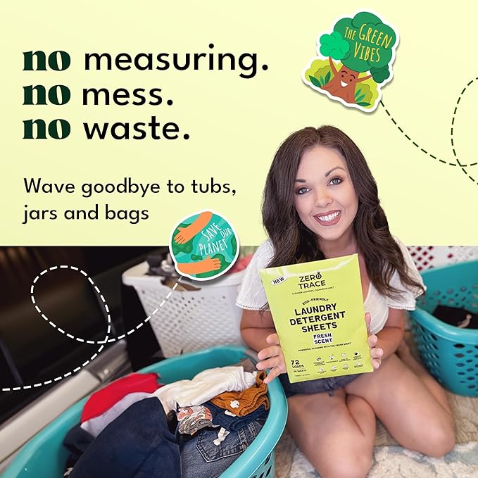 Zero Trace All Natural Laundry Detergent Sheets - Powerful Eco-Friendly Travel Detergent Sheets with Fresh Scent (144 Loads)