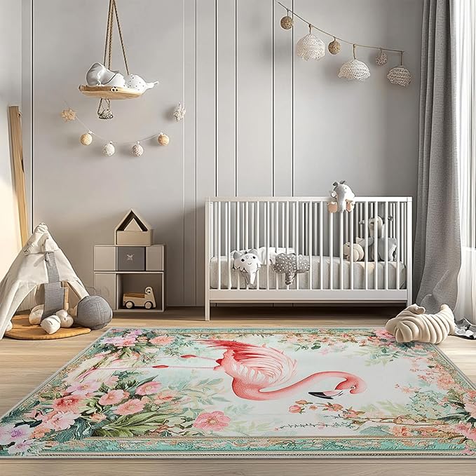 6x9 Flamingo Area Rugs Boho Floral Tropical Botanical Rug for Living Room Indoor Soft Non-Slip Thin Large Carpet Flower Rugs for Bedroom Home Decor Under Table Washable Machine