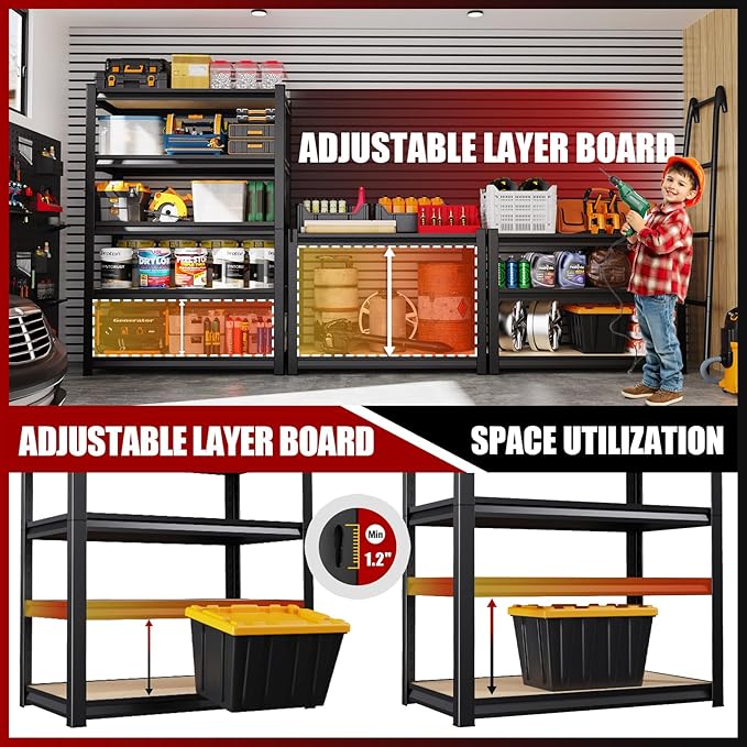 72''H Garage Shelving Heavy Duty 5-Tier Adjustable Storage Shelves Unit,2020 LBS Metal Wood Utility Rack Shelf for Industries, Warehouses, Basement,Black (72'H x 36''W x 16.1''D)