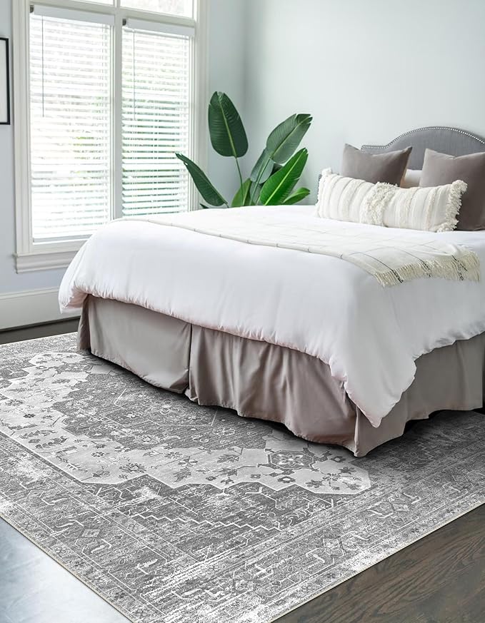 vivorug 8x10 Area Rugs, Stain Resistant Washable Rug for Living Room, Vintage-Inspired Grey Floral Rug