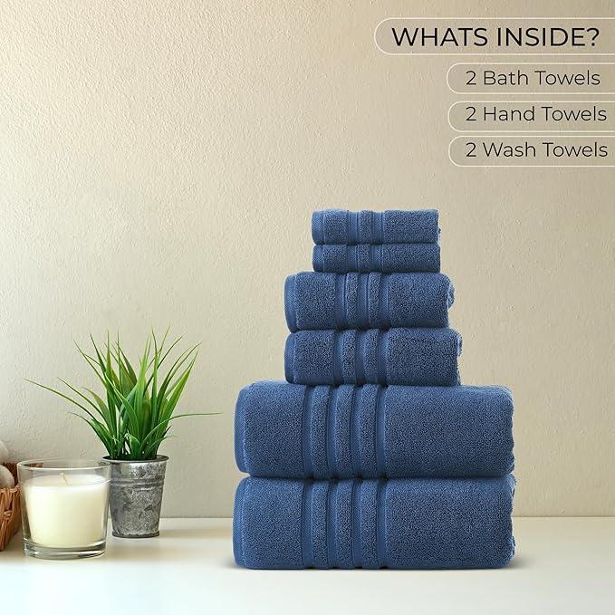 Luxury 6-Piece Bathroom Towel Set, 100% Cotton, 30 X 54 Inch, 700 GSM, 2 Bath Towels 2 Hand Towels 2 Wash Cloths, Ultra Soft & Highly Absorbent, Quick Dry Towels for Bathroom, Spa & Hotel - Navy
