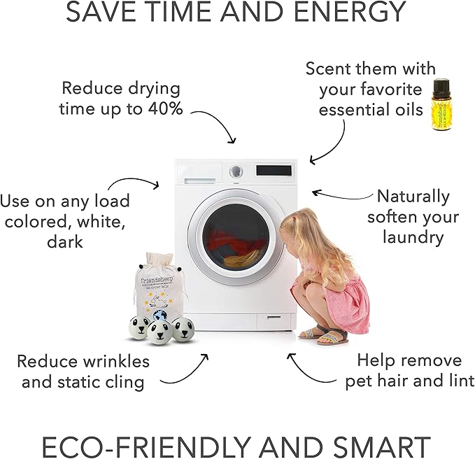 Friendsheep Wool Dryer Balls, Organic Reusable Fabric Softener Alternative for Laundry, Handmade, Fair Trade, Hypoallergenic, Eco-Friendly, Plastic-Free (6 Pack XL – Panda)