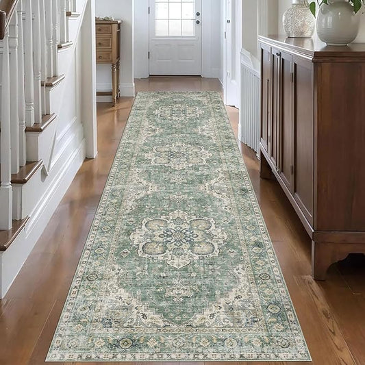Washable Hallway Runner Rug 2.5x12ft - Long Non-Slip Sage Green Boho Runner Rug Low Pile Soft Vintage Farmhouse Oriental Runners for Hallways Kitchen Living Room Indoor Entryway Bedroom
