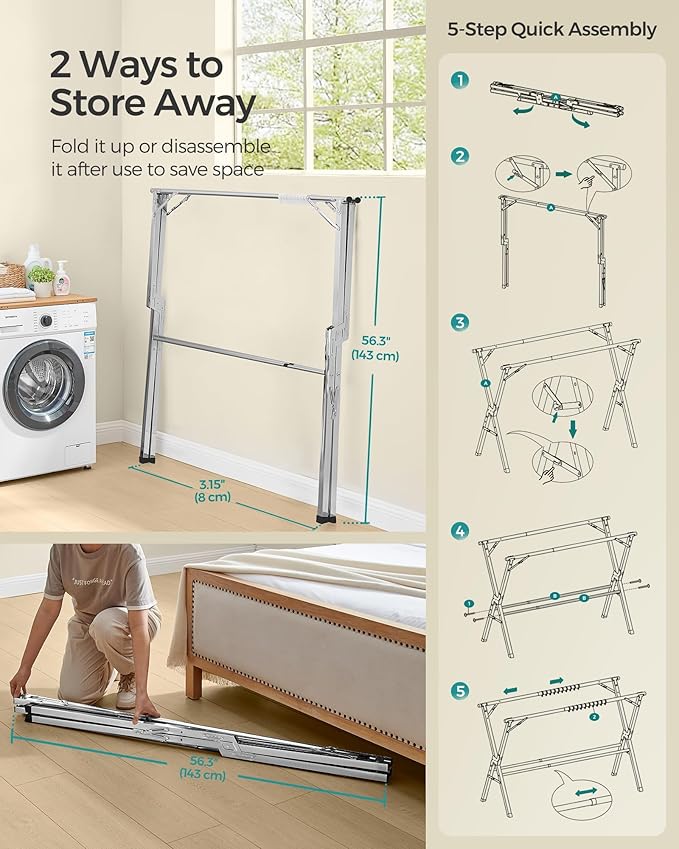 SONGMICS Clothes Drying Rack, Heavy-Duty Laundry Drying Rack, 56.3-93.7 Inches Extendable, Foldable Freestanding Airer, Stainless Steel, for Indoor Outdoor Use, Dove Gray ULLR903E01