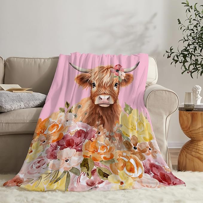 Highland Cow Blanket Ultra Soft Cozy Longhorn Cow Throw Blanket Fleece Fuzzy Plush Bedding Cow Lovers Gifts for Women Girls Kids Adults 50"x40"